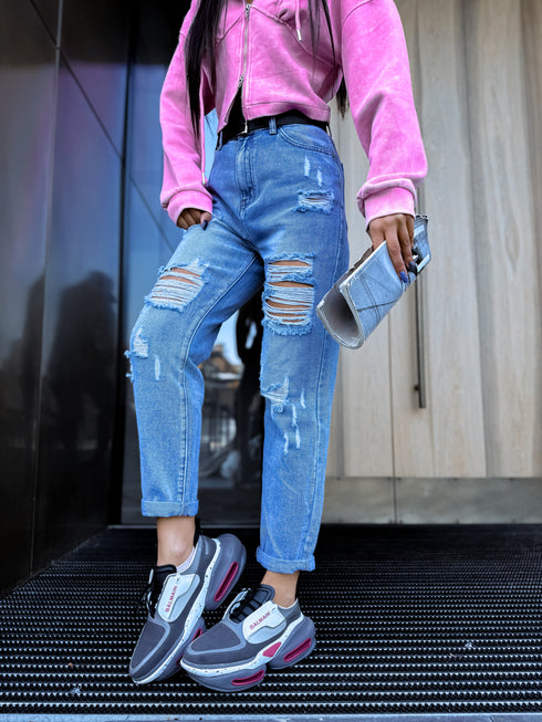 MOM, DENIM kelnės su ašaromis W1036 - Mėlynos